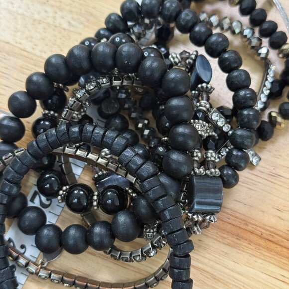 Black Beaded & Rhinestone Bracelet Stack Set Of 10 Stretchable For Wear Or Craft - Picture 10 of 10